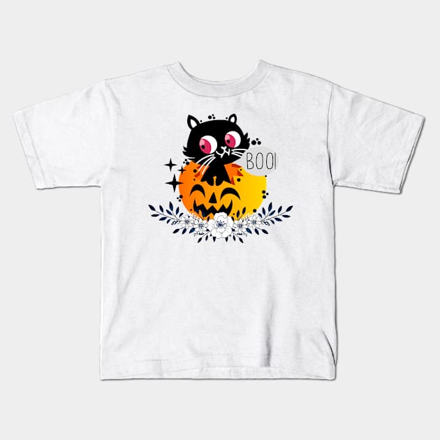 Cat In A Pumpkin Kids T-Shirt by KohorArt